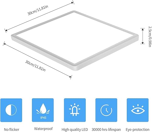 Miniatura 18 de DELIPOP Lámpara de techo de montaje empotrado, 12 pulgadas, 24 W, luz LED cuadrada ultrafina, 6500 K, luz blanca fría de bajo perfil para sala