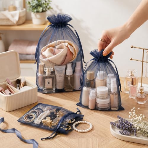 Image of FUNFERY 100PCS Navy Blue Organza Gift Bags 5x7in,Drawstring Jewelry Pouch