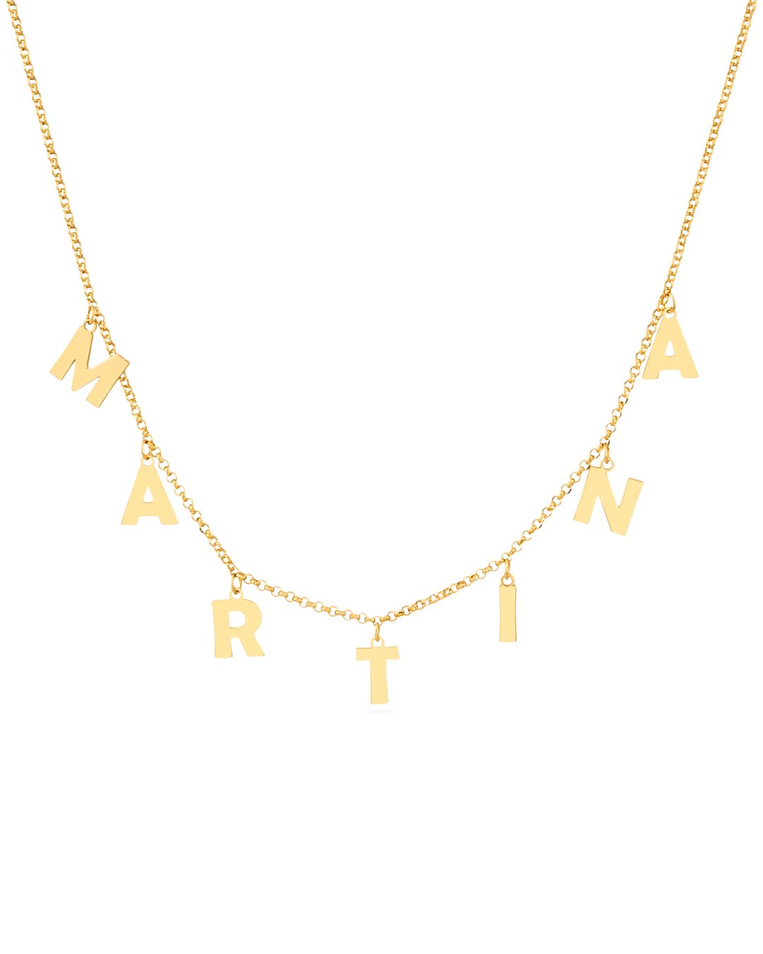 Colgante con Iniciales Personalizado - Colgante de Plata con Letras Bañada en Oro y Cadena Forzada en 45cm + 3cm de Alargador – Collar de Plata Hasta 12 Iniciales - Cadena Ajustable