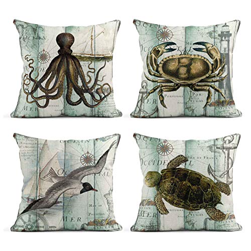 Taysta Set of 4 Linen Throw Pillow Cover Case Antique Portugal Ocean Octopus Crab Sea Turtle Seabirds Decorative Pillow Cases Covers Home Decor Square 18 x 18 Inches Pillowcases