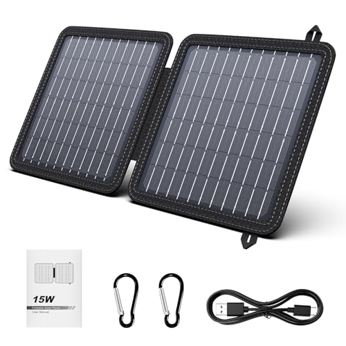 Powkey Portable Solar Panel Chargers with 15W USB-A USB-C DC Output Foldable Power Emergency ETFE Panels, Solar Battery Charger Compatible with Cell Phone iPad for Backpacking, Camping, Hiking (15W)