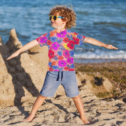 ALAZA Kids Rash Guard Girls Toddler Swim Shirts Short Sleeve Purple Flower Hibiscus UPF 50+ 3T4