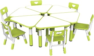 Kids Adjustable Height Tables and Chairs for Toddlers Triangle Plastic 6 Table and 6 Chairs Set Kindergarte Daycare Dining Table Game Chair