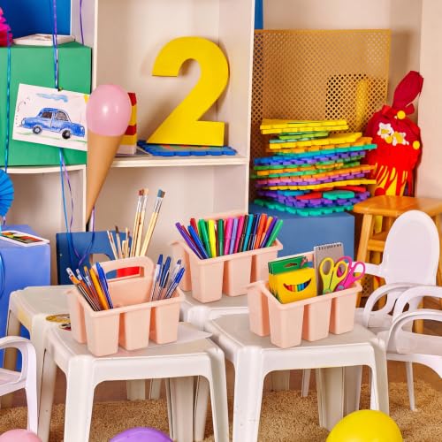 Image of WILLBOND 12 Pcs Classroom Storage Caddies Stackable Utility Caddies with 4 Compartment Plastic Caddy with Handle Portable Storage Bins Organizers for Kids Schools Art Craft Supplies(Pink)