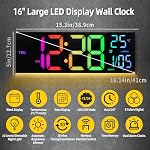 8 Colors Digital Wall Clock, 16" Large Digital Clock With Temperature, Date, Auto DST, Night Light, Auto Brightness Dimmer, 24/12-hour Wall Clock for Living Room Garage Office Classroom Gym Shop Decor