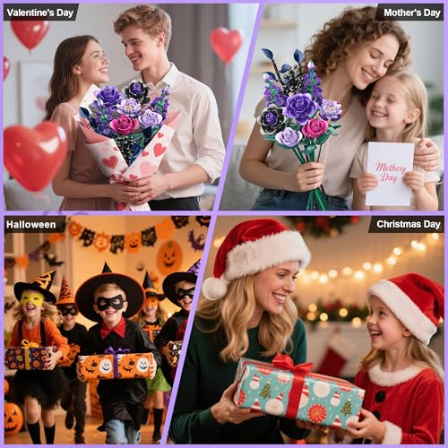 Purple Rose Building Blocks Set for Kids, 701PCS Flower Bouquet Toy, DIY Artificial Plant Gift for Girls, Women, Valentine's Day, Birthday, Mother's Day, Halloween Home Decor - Image 8