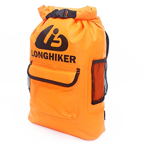 LONGHIKER Waterproof Backpack Dry Bags-Padded Shoulder Straps - Mesh Side Pockets-Easy Access Front Pocket (Orange, 20L)