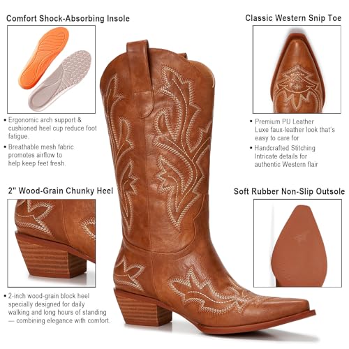 Image of Cowboy Boots for Women - Embroidered Western Cowgirl Boots with Fashion Snip Toe, 1.75-Inch Low Block Heel and All-Day Comfort Fit