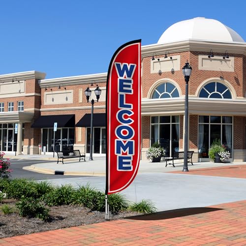 Image of LookOurWay Feather Flag Set, 12 ft Advertising Flag with Fiberglass Poles and Ground Spike for Business Promotion, Welcome (Red)