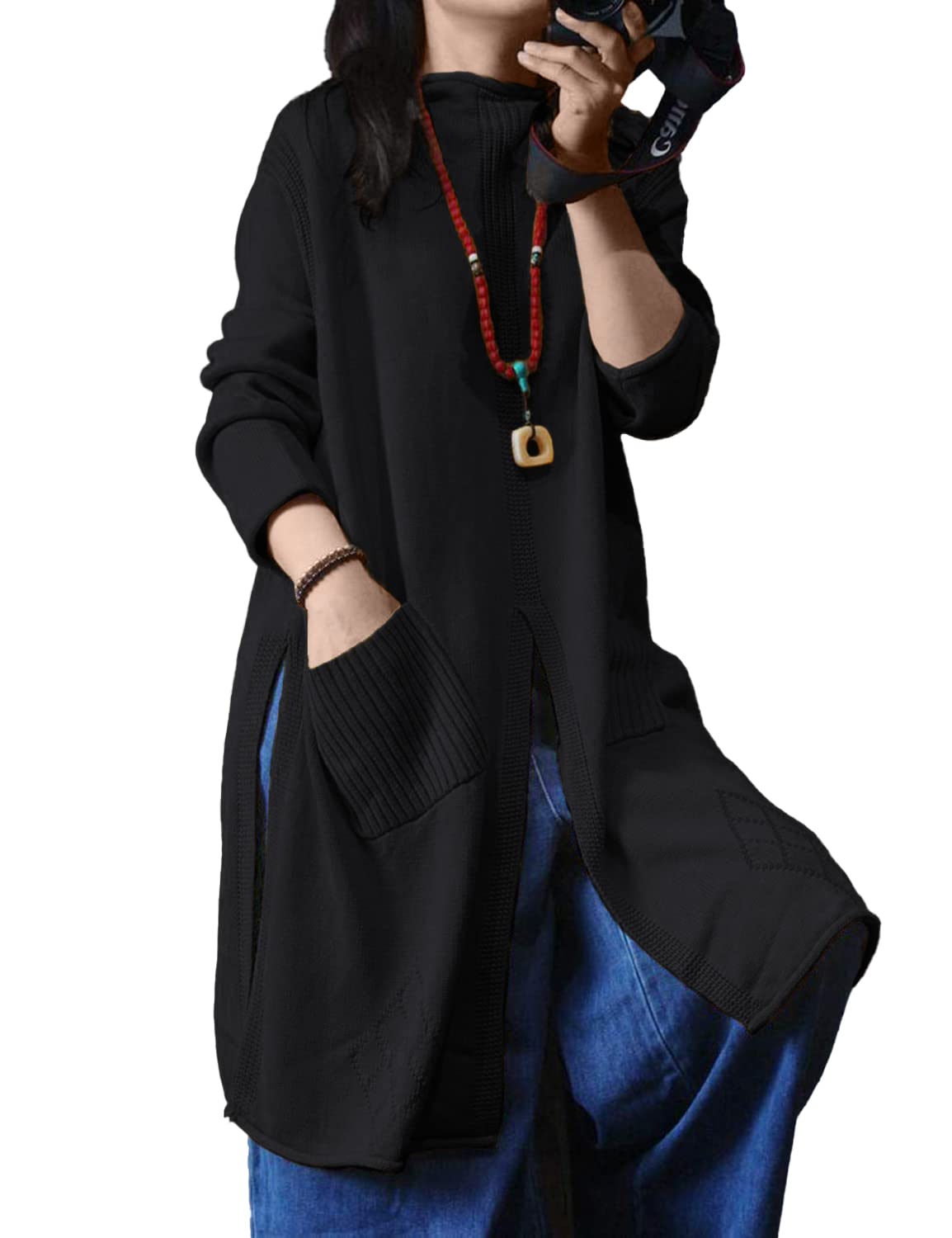 YESNO Women Casual Loose Fashion Cotton Sweater Dress Split Pullover Tops with Pockets YG7