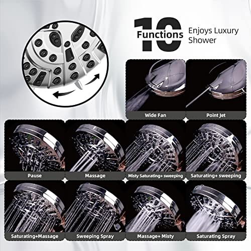 BESAQUO Shower Head,10 Functions High Pressure shower head with handheld, Built-in Pause Mode & 2 Power Wash, Non-Clogging Nozzles High Flow Hand Held Shower Head, Leakproof 6.5ft Hose&Metal Bracket