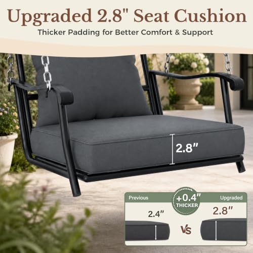 Image of Pamapic Porch Swing with Stand, 350lbs Heavy-Duty Metal Frame Outdoor Swing for Adults with Dual Side Trays, Adjustable Chains, Zippered Removable Cushion for Balcony, Backyard, Garden, Black