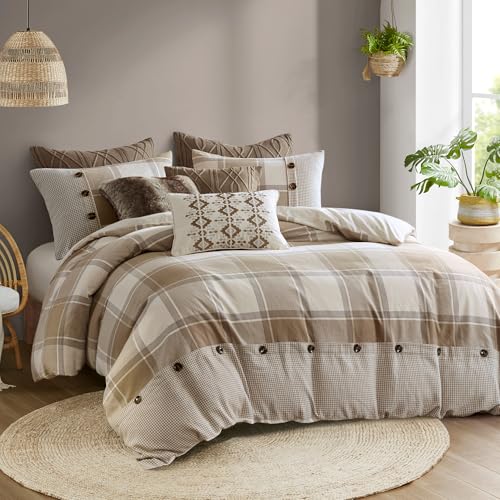 Madison Park Queen Comforter Cotton Jacquard Plaid Cabin Oversized Comforters Queen Bed, Removable Cover, All Season Queen Size Comforter, Décor Pillows, Full/Queen Neutral 8 Piece