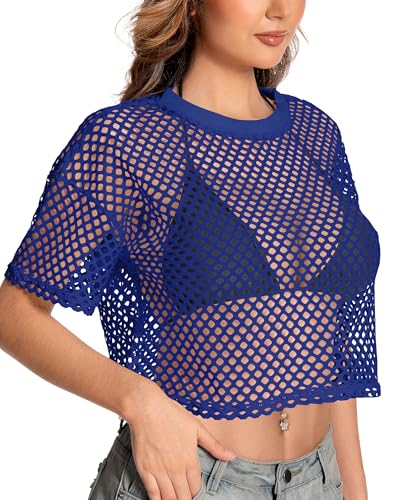 Image of Women's Mesh Top Fishnet T Shirts Sheer Loose Short Sleeve See Through Crop Tops