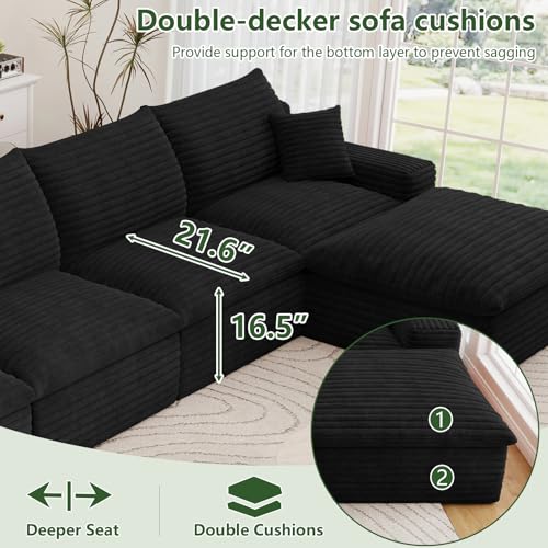 Image of 136 inch Cloud Couch Modular Sectional Sofa for Living Room, L-Shape Boneless Couch with Deep Seat, Modern Corduroy 4-Seater with Ottoman, No Assembly Required, Black