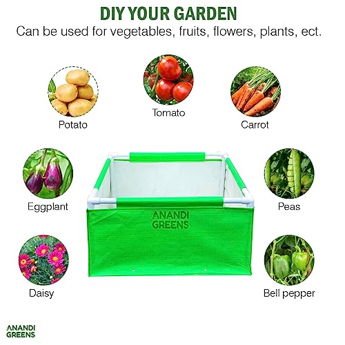 Image of Anandi Green's HDPE UV Protected 360 GSM Green Color Rectangular Plants Grow Bags Suitable for VegetableTerrace Gardening with PVC Pipe Support Pack of 1 (2x2x1 FIT)
