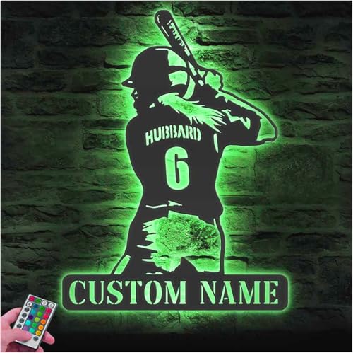 COOL MATE Custom Name Metal Sign, Custom Girl Baseball Metal Wall Art LED Light Personalized Female Softball Player Name Sign Home Decor Kid Nursery Decoration Birthday