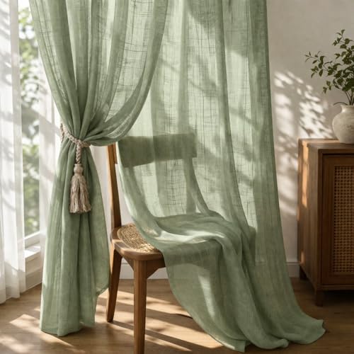 Image of THE LINEN COMPANY Cotton Linen Solid Sheer Window Curtain with Rod Pocket Design, 4 Feet Length, Lightweight Breathable Fabric, Elegant Avocado Green Color, Living Room & Bedroom Curtain, Pack of 1.
