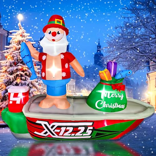 BLOWOUT FUN 8ft Inflatable Christmas Santa Claus Standing on a Fishing Boat with Gift Bag Lighted Blow Up Decortion LED Blow Up Lighted Decor Indoor Outdoor Holiday Decor