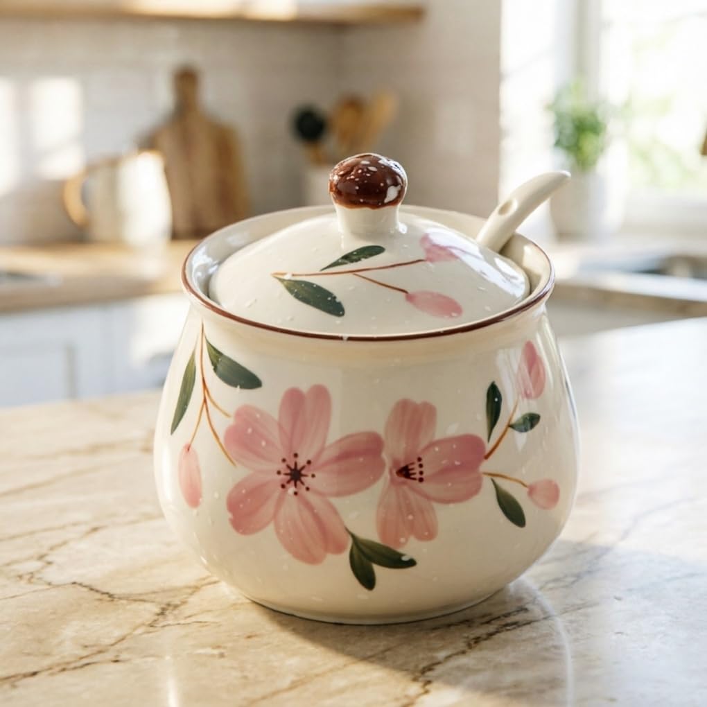 Ceramiczna cukiernica z pokrywką i łyżeczką, odporna na wysokie temperatury, puszka na przyprawy do cukru, soli, miodu, oleju, herbaty, kwiatów wiśni, japońska (4 sztuki)
