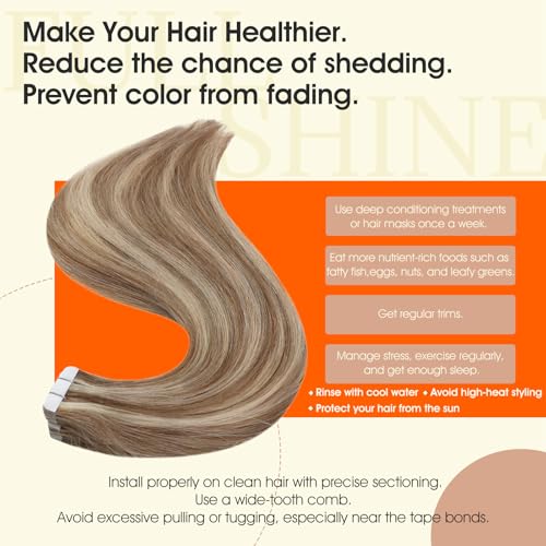 Image of Full Shine Long Lasting Tape in Extensions Human Hair,10P613 Light Linen Blonde And Chestnut Brown,16Inch 50G 20Pcs,Seamless Natural Blend Human Hair Extensions for Fuller Hair,Silky Straight