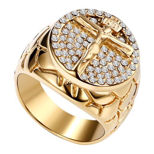 Flongo Bague Homme Chevalière Croix: Bague Chevalière Acier Inoxydable avec Inscription et Bouclier Style Biker Motard Amulette Protectrice Bijoux Religieux - Cadeau Homme Anniveraire