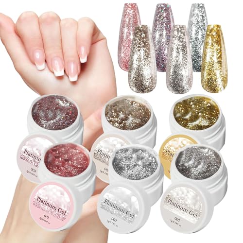 Esmalte De Uñas Con Purpurina,Kit De 6 Esmaltes Gel Brillantes Color Platino - Manicura Duradera Para Salón En Casa, Estilos Festivos Y Uso Diario