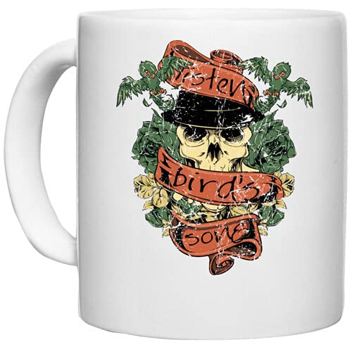 UDNAG White Ceramic Coffee / Tea Mug 'Cap Skull and Listen Bird Song' Perfect for Gifting [350ml]