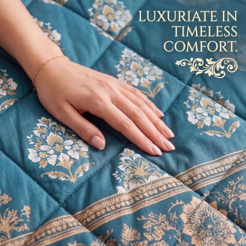 Image of SANMARINO 220 GSM Cotton Comforter for Double Bed | Premium Jaipuri Printed Reversible Quilt | Ultra Soft Lightweight All Season Blanket | Breathable, Skin Friendly - 220 x 230 cm,Peacock Blue