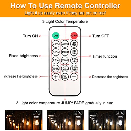 Mlambert 3 Color Outdoor Led Dimmable String Lights For Patio With Remote, Plug In 48Ft Waterproof Led Edison Bulb String Light, Warm White Daylight White Shatterproof Light For Cafe Bistro Pergola #TOP4