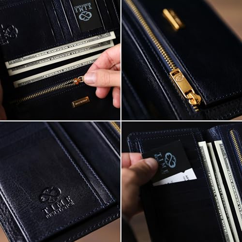 Image of Time Resistance Long Leather Wallet - Bifold Mens Suit Leather Wallet - Checkbook Wallet - Tall Billfold Card Wallet - Slim Wallet Made in Italy (Blue)