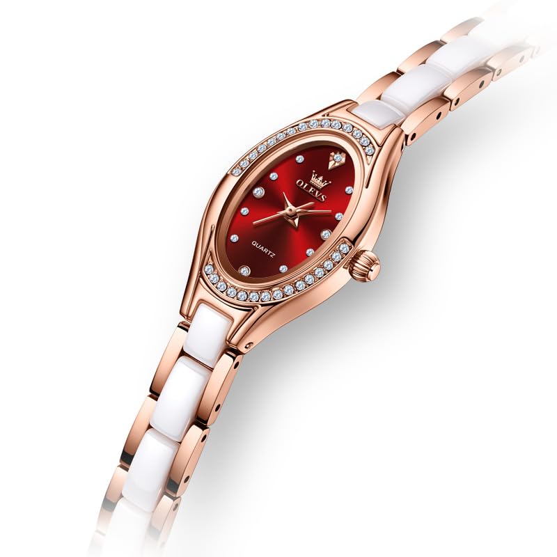 Image of OLEVS Women's Quartz Watches - Elegant Oval Diamond Dress Watch with Ceramic Band, 30M Waterproof Ladies Wrist Watch for Dress & Casual Wear (Rose Gold Blue /Red /Purple /White)