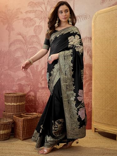 Image of SIRIL Women's Banarasi Silk Jacquard Zari Work Saree With Unstitched Blouse Piece