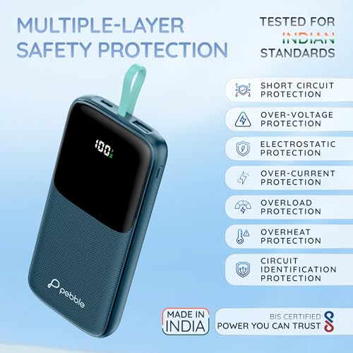 Image of Pebble Rapid Electra10 Power Bank |10000mAh, 22.5W Ultra Fast Charging | Digital Display | Built-in Cable | Type-C & USB-A Ports Compatible with Android Phones & iOS Devices | Pocket Size - Blue
