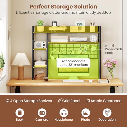 Image of Tangkula Desktop Bookshelf for Computer 32 inch Monitor, 37 inch Countertop Storage Hutch with 4 Open Storage Shelves, Grid Panel, Anti-tip Device, 4-Tier Desktop Display Shelves for Home Office