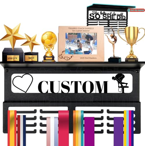Image of Personalized Medal Holder with Name Display Rack for Awards Ribbons - Metal Custom Sports Race Plaques Hanger for Wall Mount Hold Up 63 Medal Hanger Display for Athlete Boy Girl Kid