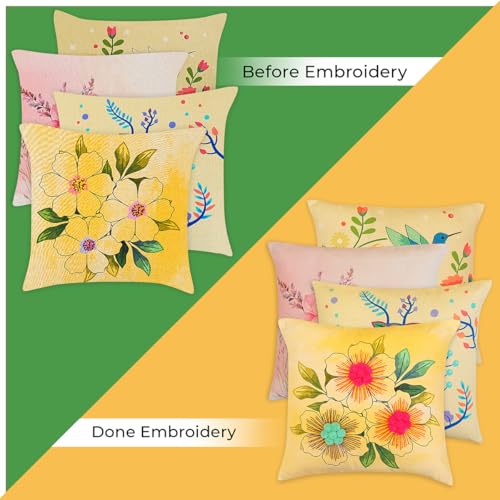 Image of picknMAKE Pack of 4 DIY Cushion Cover Hand Embroidery Kit | Colorful Floral, Hummingbird, Butterfly & Owl Designs | 16 inchx16 inch Pillow Covers | Digitally Printed, All Materials Included