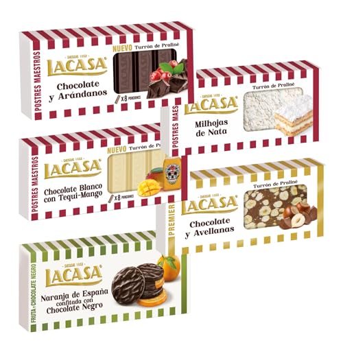 Pack Surtido 5 Turrones Lacasa:Naranja de España Confitada, Blanco con Tequi Mango, Chocolate y Arándanos, Chocolate y Avellanas, Milhojas de Nata