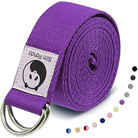 Slim Panda Yoga Belt Strap with Double D Rings Buckle 1.85 or 2.5M, Durable Cotton Adjustable Belt Perfect for Holding Poses, Improving Flexibility and Physical Therapy, Purple Cover