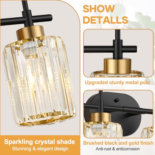 Image of Modern Crystal Bathroom Vanity Light, 4-Light Black and Gold Bathroom Light Fixtures, Clear K9 Crystal Shades, Adjustable Up /Down Mount, E26 Base Wall Sconce (Bulbs Not Included)