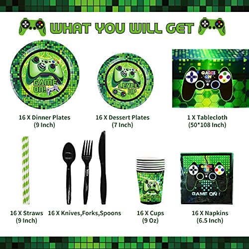 Green Video Game Party Supplies - 201Pcs Gamer Gaming Party Decoration For Boys Birthday Party - Table Cover, Plates, Cups, Napkins, Utensils, Hanging Swirls, Birthday Banner, Cupcake, Topper Cake Topper & Balloons Serves 16 Guests #TOP1