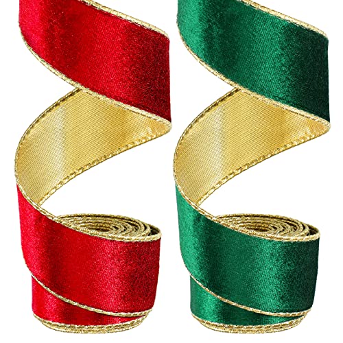 WILLBOND 2 Rolls Christmas Wired Ribbon, 1.5 Inch X 6 Yards, Green, Red