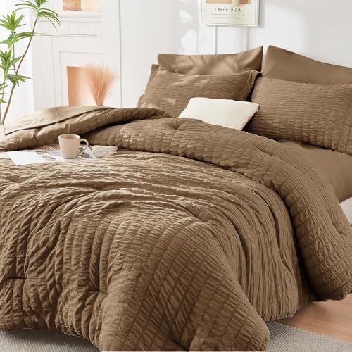 Image of HYMOKEGE Brown King Size Comforter Set Seersucker 7 Pieces, All Season Luxury Bed in a Bag for Bedroom, Bedding Set with Comforter, Sheets, Pillowcases & Shams