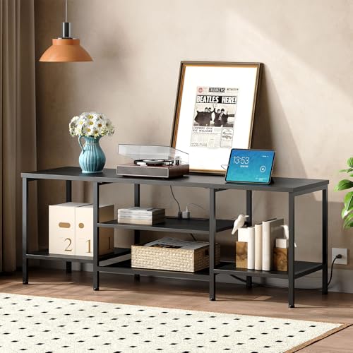 Image of HOOBRO TV Stand with Power Outlets to 65 Inches, TV Console Table with Open Storage Shelves, Industrial Media Entertainment Center for Living Room Bedroom, Black BB40DS01