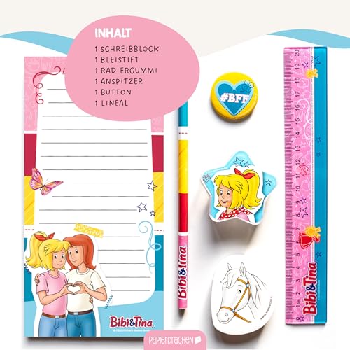 Papierdrachen 6-teiliges Schreibset für Grundschul Kinder | Bibi und Tina | mit Bleistift Spitzer Lineal Radierer Schreibblock | zur Einschulung | Mitgebsel für Kindergeburtstag | Set 8