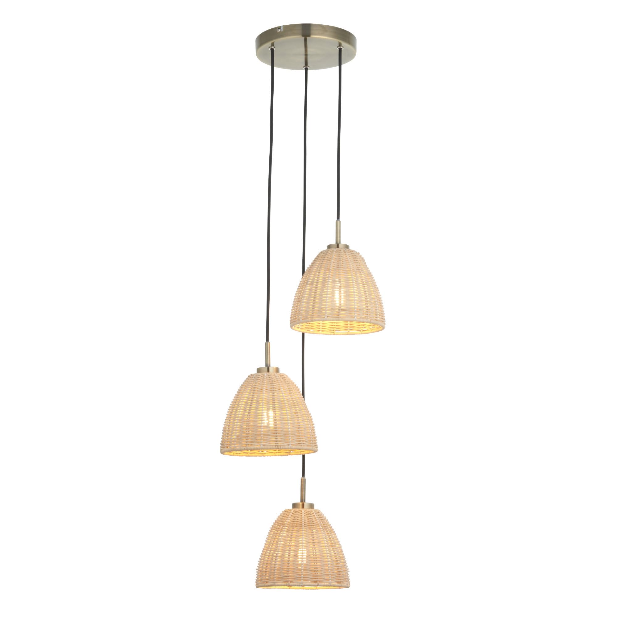 firstchoicelighting Antique Brass Ceiling Pendant Light, Natural Rattan Shades, 3 Way Modern Cluster Design, Height Adjustable