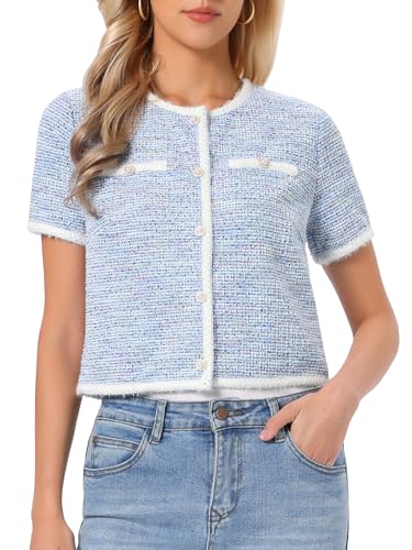 Image of Allegra K Short Sleeve Tweed Jacket for Women Summer Crew Neck Button Front Cropped Cardigan