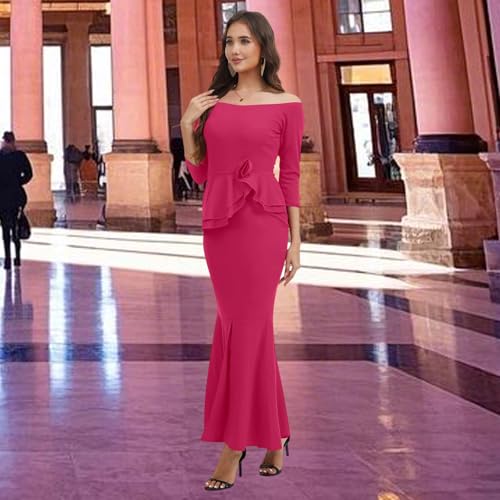 Image of Women's Elegant Formal Mermaid Maxi Dress Off Shoulder Long Sleeve Wedding Split Evening Gown Prom Cocktail Party Dresses
