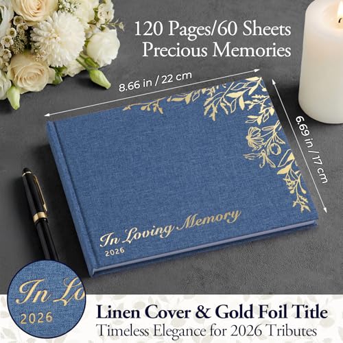 Image of Funeral Guest Book for Celebration of Life, Blank Unlined Memorial Memory Book, 2026 Blue Linen Gold Foil Hardcover with Table Sign & Welcome Card, 8.66 x 6.69 in, 120 Pages / 60 Sheets