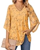 Womens Chiffon Blouses 3/4 Sleeve Business Tunics for Woman Office Professional Long V Neck Tops Dressy Leggings for Women Work Cute Tops Interview Formal Wear Fancy Evening Yellow Floral L